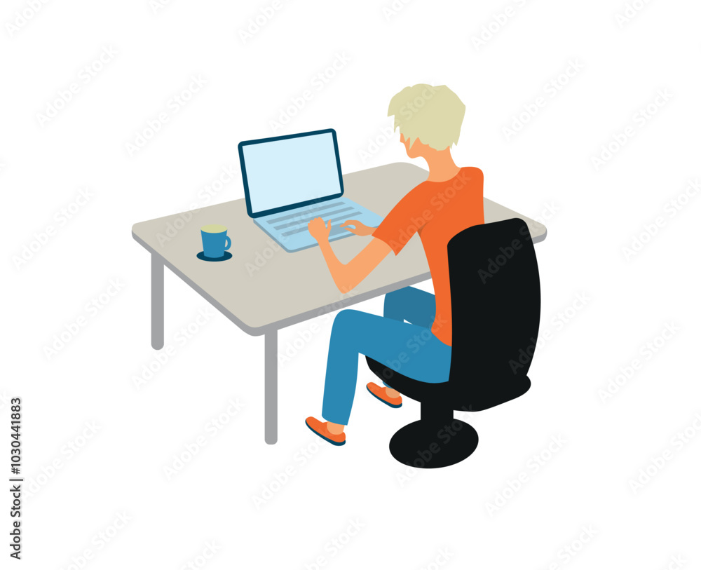 A girl with blond hair sits at a table and works on a laptop. View from the back A girl with blond hair sits at a table and works on a laptop. View from the back