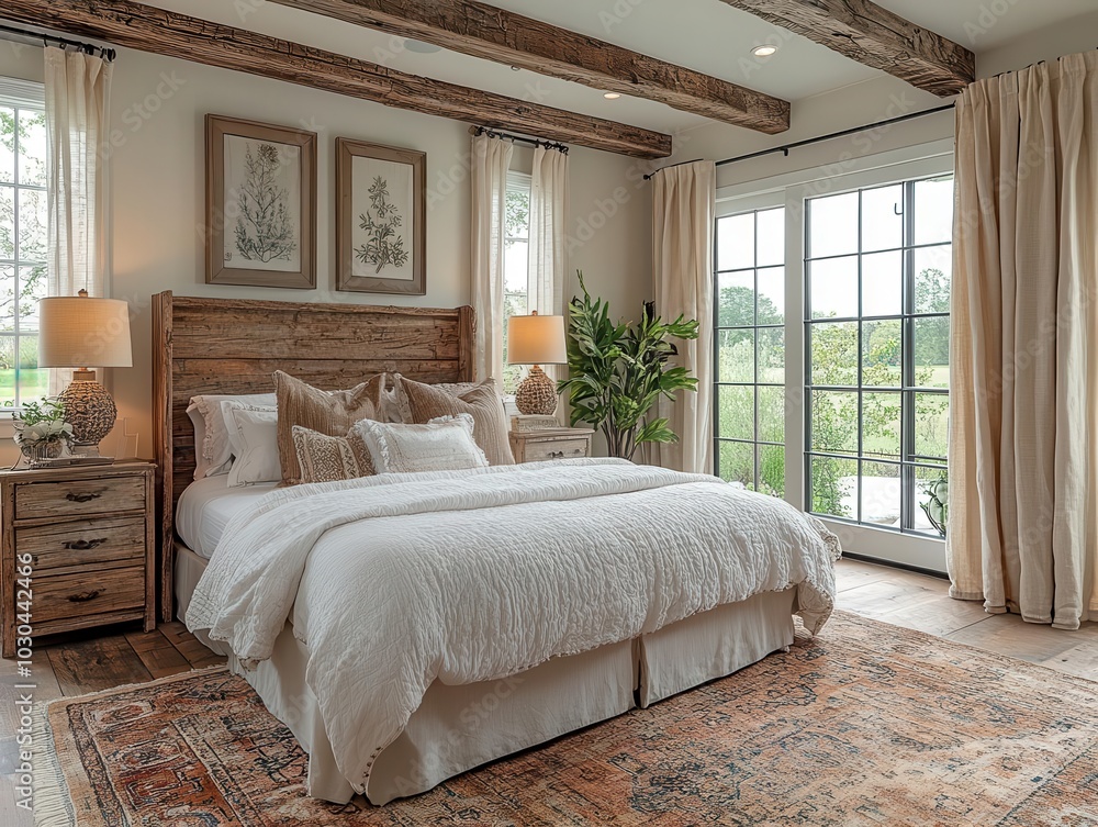 bright and airy farmhouse bedroom, adorned with soft pastel colors and rustic wooden accents; natural light streaming in, creating a cozy, inviting atmosphere for relaxation bright and airy farmhouse bedroom, adorned with soft pastel colors and rustic wooden accents; natural light streaming in, creating a cozy, inviting atmosphere for relaxation