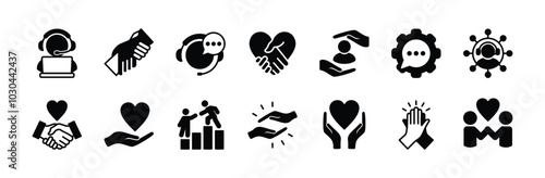 Business assistance flat icon set. Containing customer support, teamwork, cooperation, collaboration, help, care, charity, empathy, donate, volunteer, solidarity, partnership, love vector illustration