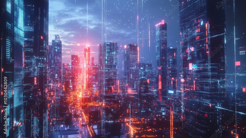 Fototapeta premium A vibrant city skyline features towering skyscrapers illuminated by red and blue lights at dusk, creating a futuristic atmosphere enhanced by digital overlays and glowing visuals.