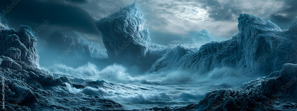 An icy landscape with large waves crashing against the rocks, creating an otherworldly and surreal atmosphere. The cold blue tones of the ice crystals enhance the sense of mystery in the scene. An icy landscape with large waves crashing against the rocks, creating an otherworldly and surreal atmosphere. The cold blue tones of the ice crystals enhance the sense of mystery in the scene.