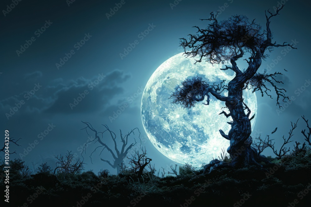 Fototapeta premium A twisted, eerie tree stands in silhouette against a massive full moon in a barren landscape, evoking a haunting and mystical atmosphere.