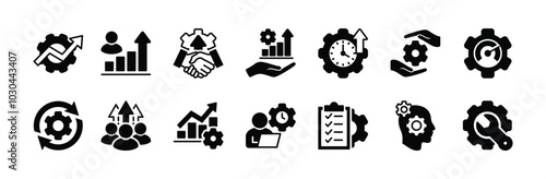 Settings and setup icon vector set. Containing optimization, improvement, increasing cooperation in business, time management, work speed, maintenance, growth up, list job, development, progress
