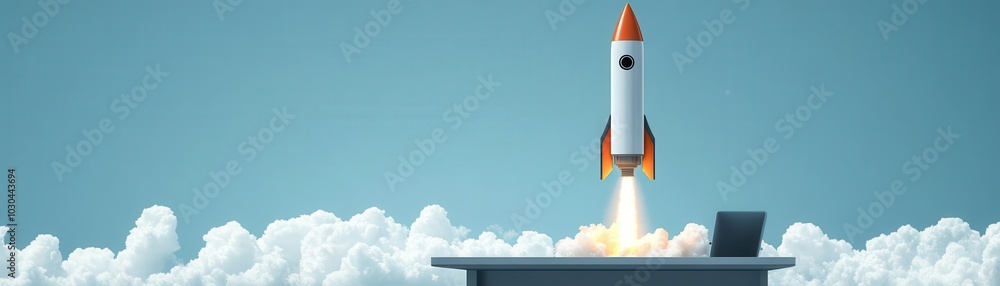 Energetic rocket soaring into the sky from an office desk, symbolizing the kickoff of a big project, Rocket launch, Business growth Energetic rocket soaring into the sky from an office desk, symbolizing the kickoff of a big project, Rocket launch, Business growth