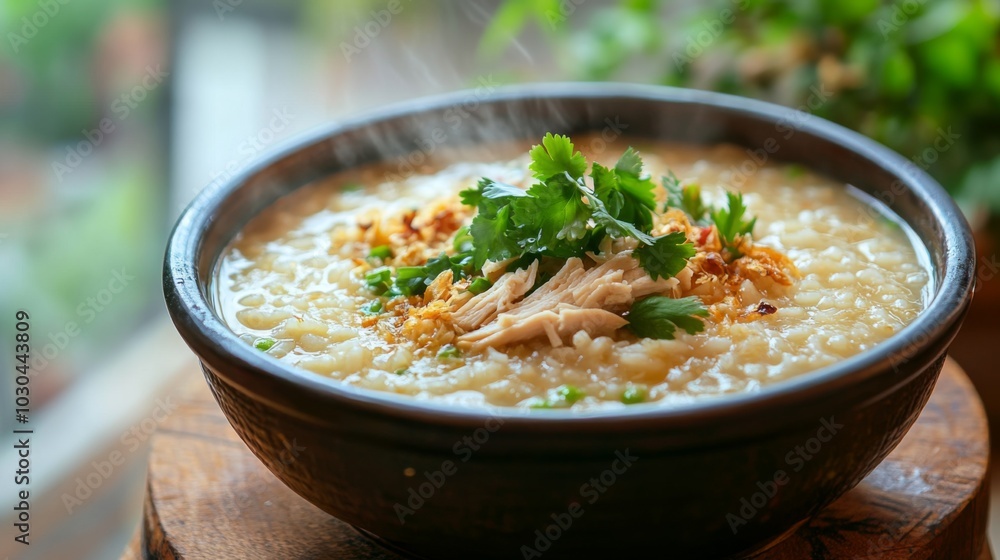 Delicious Chicken Rice Porridge with Fresh Herbs Delicious Chicken Rice Porridge with Fresh Herbs