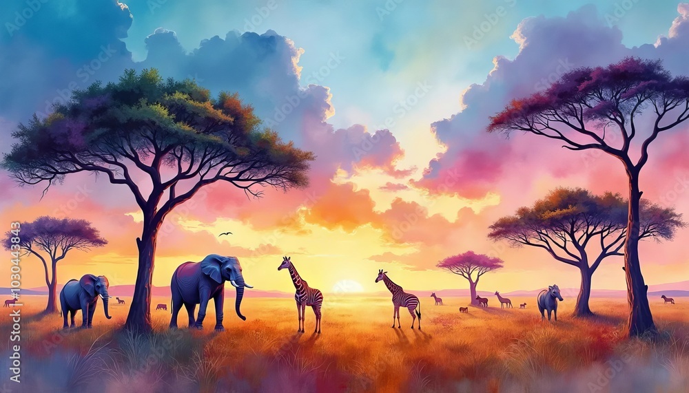 Sunset Serengeti with Elephants and Giraffes in Vibrant Colors Under Acacia Trees Sunset Serengeti with Elephants and Giraffes in Vibrant Colors Under Acacia Trees