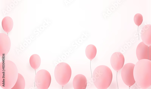 Balloons flying on a pink background. Vector banner with love symbols for Happy Women, Mother, Valentine's Day, Happy Birthday. Design of greeting cards, invitations. Vertical backgrounds
