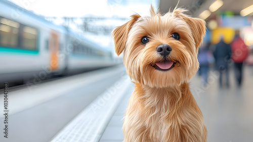 A Small Norfolk Terrier Eagerly Anticipating the Arrival of a Sleek German ICE Train in a Bustling Train Station