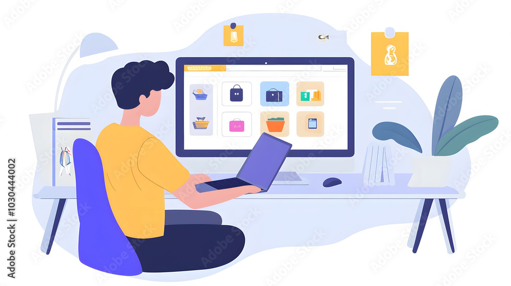Entrepreneur operating an online store from a laptop, showcasing dedication and innovation in a digital marketplace Entrepreneur operating an online store from a laptop, showcasing dedication and innovation in a digital marketplace