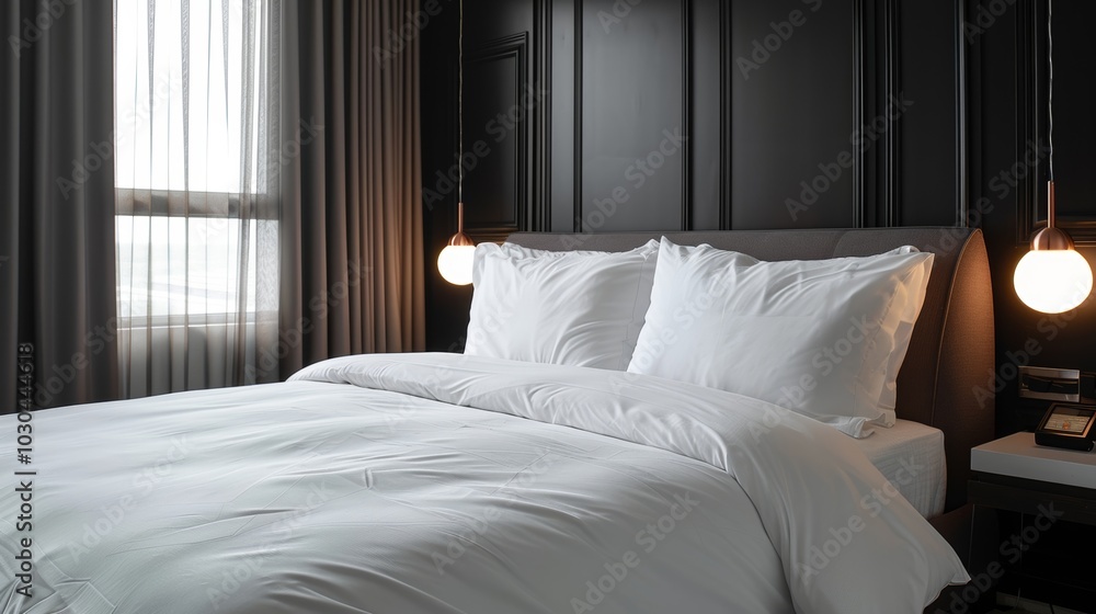 Obraz premium A minimalists dream this sleek and modern bedroom features a minimalist silk bedding set creating a serene and sophisticated sleeping environment.