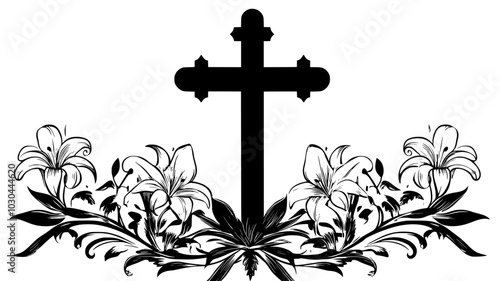Altar arrangement of lilies flanking a crucifix, vector illustration art