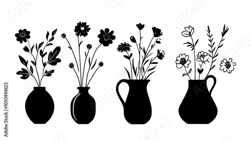 An asymmetrical arrangement of flowers with varying stem lengths placed irregularly in a vase, vector illustration art