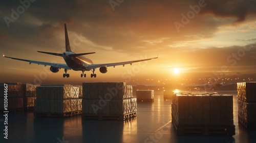 cargo plane landing at international airport during sunset, surrounded by stacked pallets. scene captures beauty of aviation and logistics in vibrant atmosphere