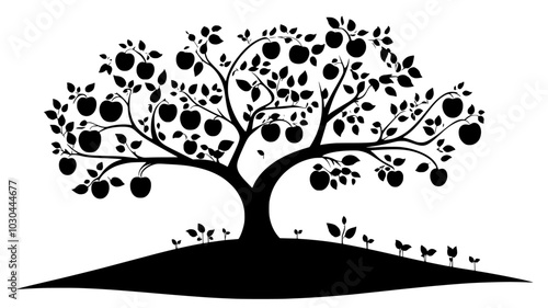 Apple tree laden with ripe fruit in an autumn orchard, vector illustration art