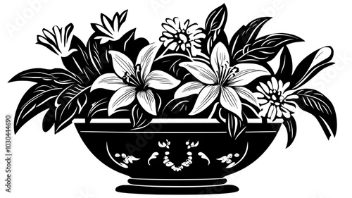 Arrangement of lilies and daisies in porcelain bowl, vector illustration art