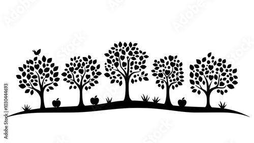 Apple orchard with trees in neat rows, vector illustration art