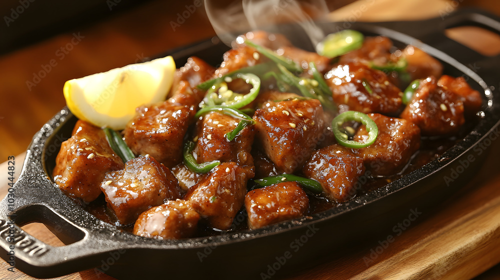Indulgent Sizzling Pork Bites with Garlic Cream Sauce and Vibrant Chili Garnish Served on Elegant Wooden Board Indulgent Sizzling Pork Bites with Garlic Cream Sauce and Vibrant Chili Garnish Served on Elegant Wooden Board
