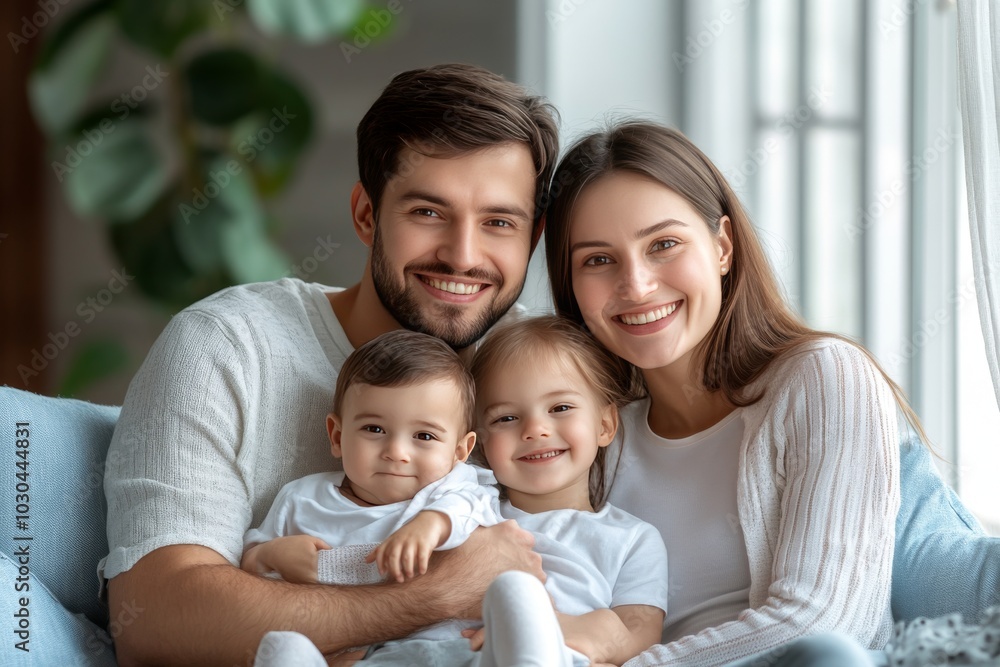 Heartwarming family portrait of parents with their two children symbolizing love care and affection in a soft natural setting with gentle warm lighting Heartwarming family portrait of parents with their two children symbolizing love care and affection in a soft natural setting with gentle warm lighting