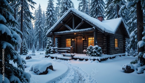 Rustic Wooden Cabin Covered in Snow, Surrounded by a Frozen Forest at Dusk