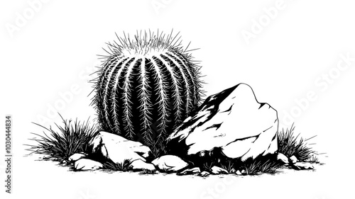Barrel cactus growing on a rocky outcrop in a canyon, vector illustration art