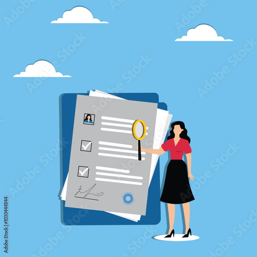 Businesswoman reviewing resumes on digital tablet for candidate selection and talent acquisition