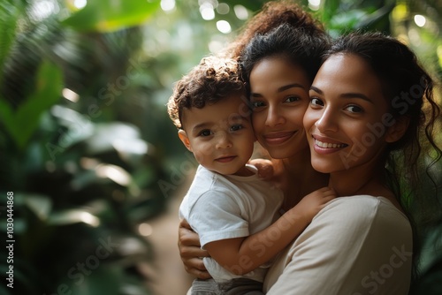 Joyful family portrait of a mother with her two children in a vibrant nature filled environment symbolizing love unity and connection with rich earthy tones