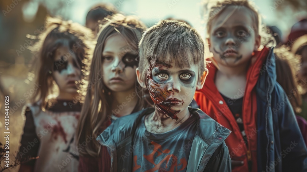 A group of children dressed in zombie costumes stand in a line A group of children dressed in zombie costumes stand in a line