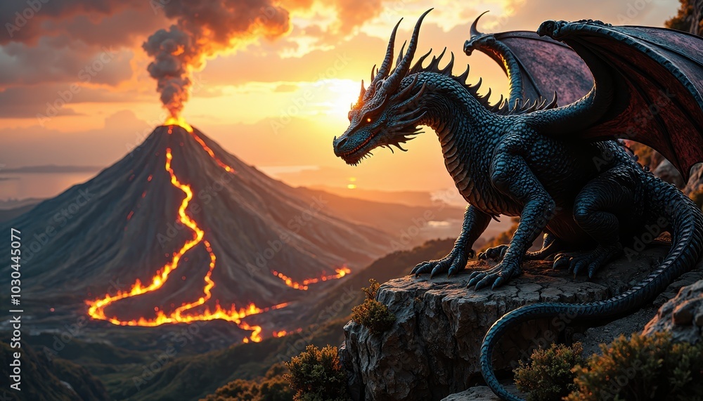 Fantasy Dragon Perched on a Cliff, Overlooking a Fiery Volcano Below