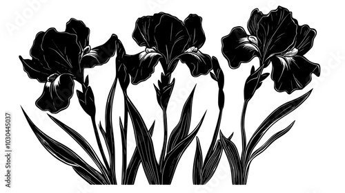 Bouquet of iris stems with buds and open blooms, vector illustration art