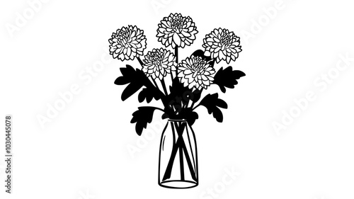 A bouquet of pompon chrysanthemums arranged in a clear glass vase, vector illustration art