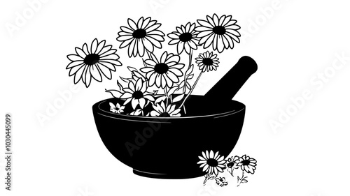 Bowl of medicinal flowers next to a mortar and pestle, vector illustration art