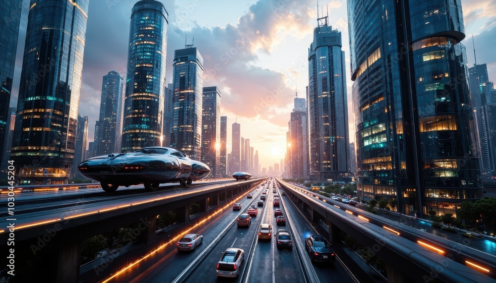 Obraz premium Futuristic Digital Cityscape with Hovering Vehicles and Transparent Skyscrapers at Dawn