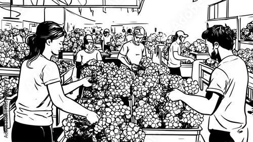 Bulk flowers being packaged and sorted by workers in a floristry wholesale hub, vector illustration art