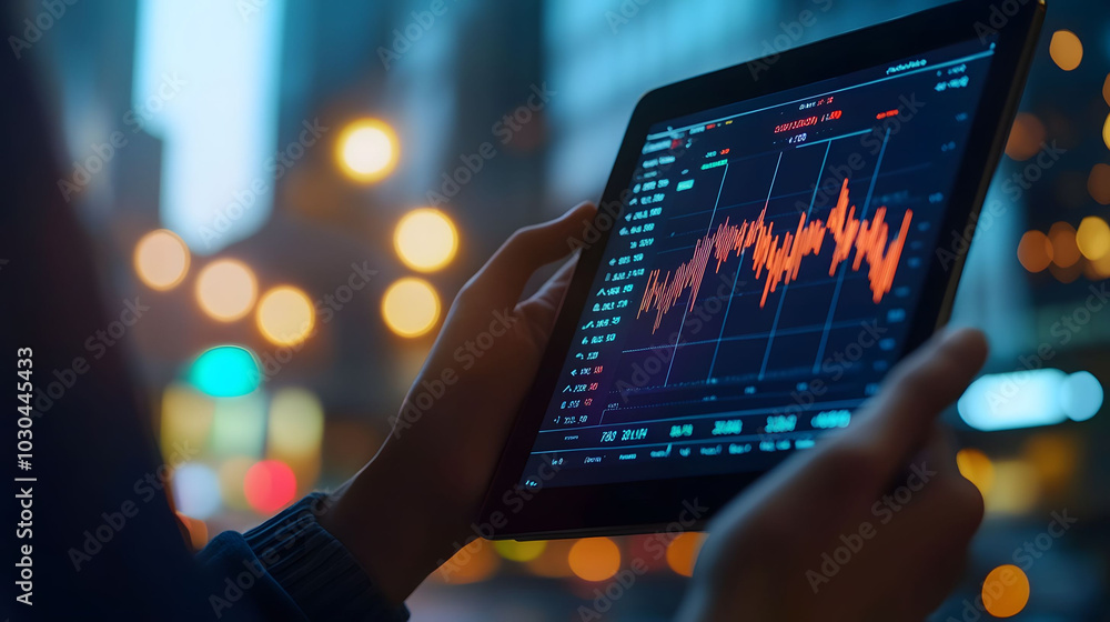 Businessperson reviewing financial data and cryptocurrency trends on a tablet, focused analysis in a modern office environment, digital insights Businessperson reviewing financial data and cryptocurrency trends on a tablet, focused analysis in a modern office environment, digital insights
