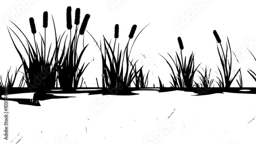 Cattails along the edge of a pond with reflections in the water, vector illustration art