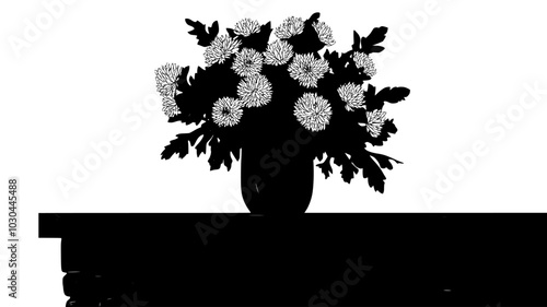 Chrysanthemums in ceramic jug on stone fireplace mantel, vector illustration art