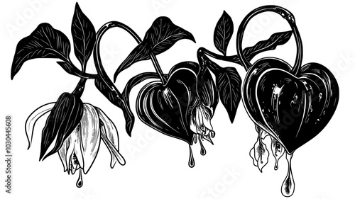 Close-up of bleeding heart flower showing inner structures, vector illustration art