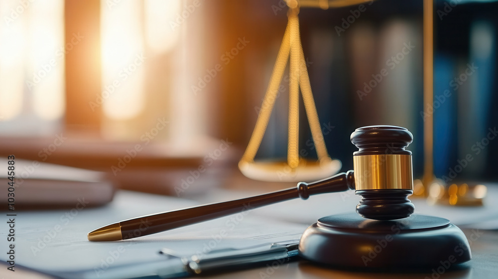gavel rests on desk beside legal documents, symbolizing justice and law. warm light enhances scene, creating professional atmosphere for legal proceedings gavel rests on desk beside legal documents, symbolizing justice and law. warm light enhances scene, creating professional atmosphere for legal proceedings