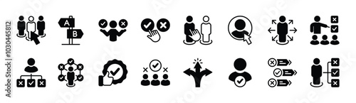 Choice flat icon vector set. Containing decision, option, selection, opportunity, preference, direction, quiz answer, select, alternative, possibility, choose, variety, plan, truth, solving, decide