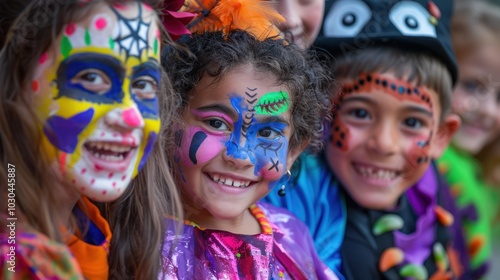 A group of children are wearing face paint and smiling for a picture