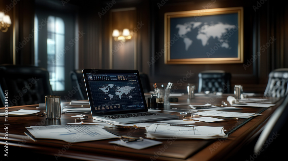 negotiation room with laptop displaying world map, surrounded by papers and contracts, creates professional atmosphere. setting suggests important discussions and decision making negotiation room with laptop displaying world map, surrounded by papers and contracts, creates professional atmosphere. setting suggests important discussions and decision making