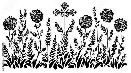 Cross-shaped tribute made of carnations on a church altar, vector illustration art