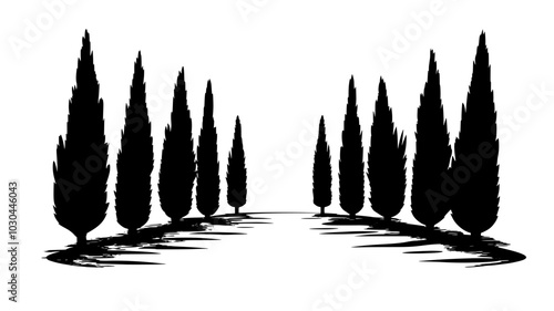 Cypress trees lining a driveway in a Mediterranean setting, vector illustration art