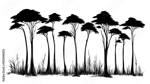 Cypress trees with knees in a swampy forest, vector illustration art