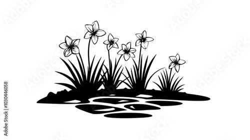 Daffodils growing in clusters along a stone pathway, vector illustration art