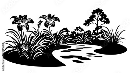Daylilies lining a driveway with a variety of flower forms, vector illustration art