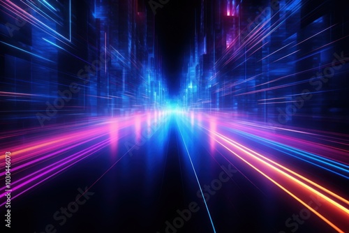 Ascending colorful glowing lines backgrounds light blue.