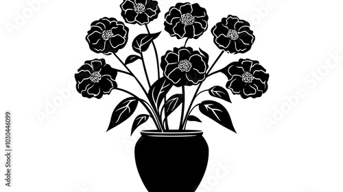 A display of marigolds placed in a round vase, with stems tightly gathered, vector illustration art