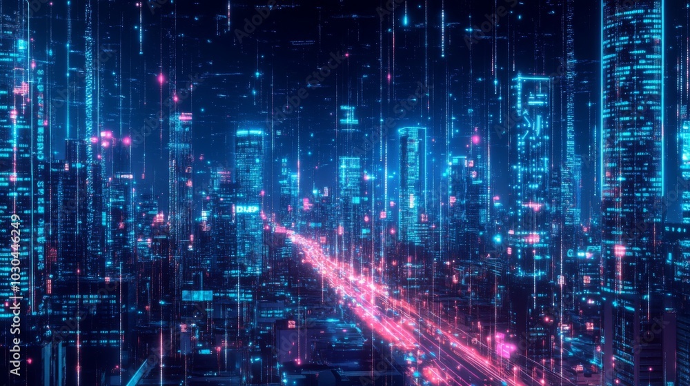 Fototapeta premium The skyline showcases tall buildings glowing with neon colors, while colorful lights streak by on a busy road below. It captures the essence of a bustling, tech-driven metropolis at night.
