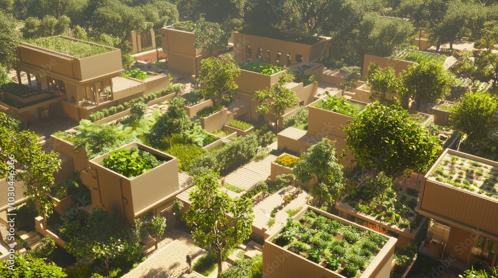 Fototapeta premium Sustainable Living Workshop in Modular Housing Community Illustration - 3D Render of Modular House Design & Gardening Event